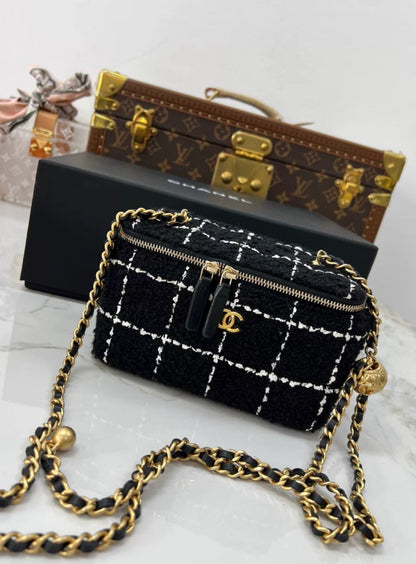 Chanel 23K Black White Tweed Mini Vanity Case Gold Chain