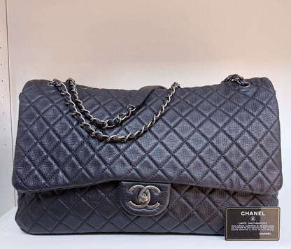 Chanel Calfskin Quilted XXL Travel Flap Bag Black 3038 holo card