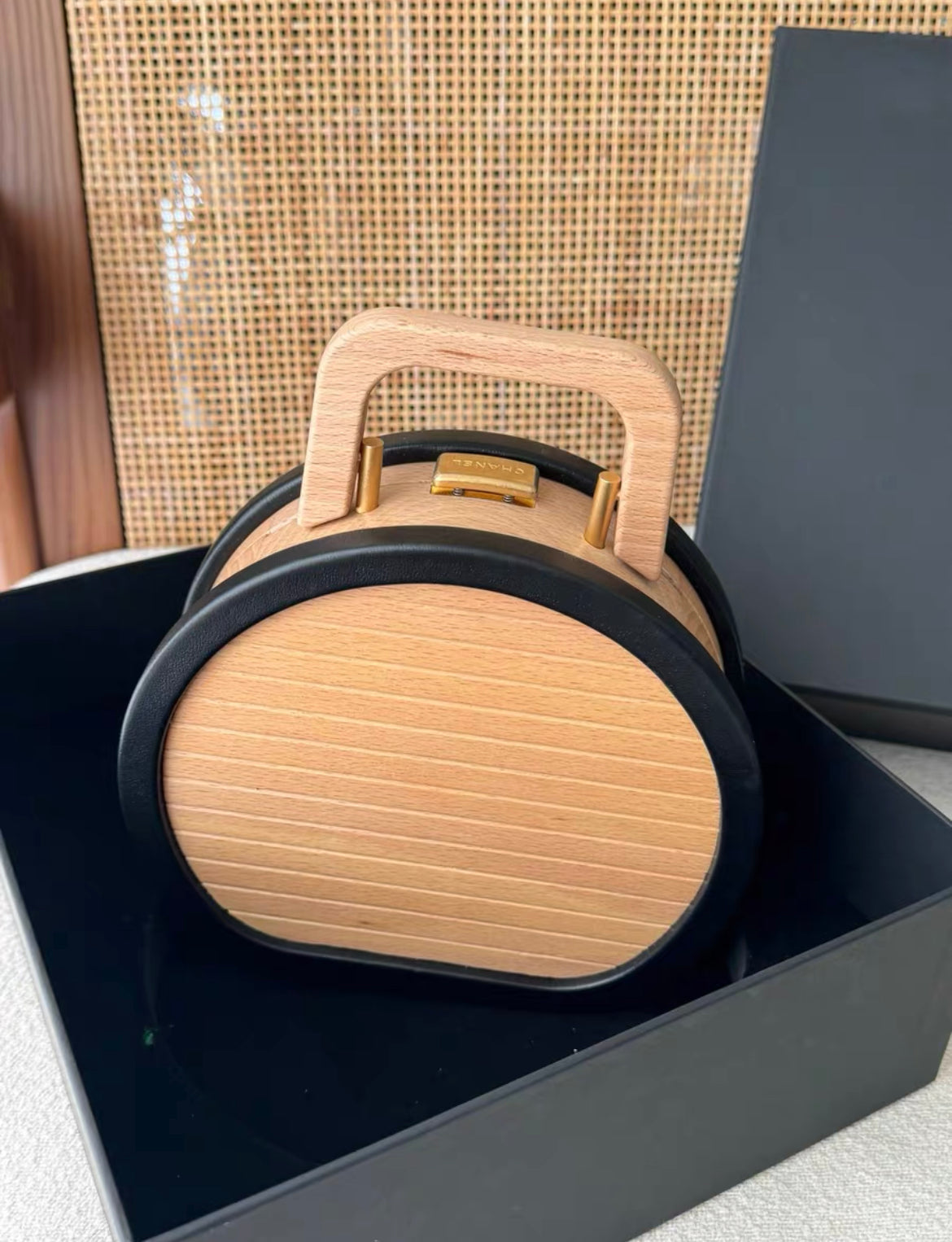 Chanel Round Cc Vanity Case Beechwood And Black Lambskin Gold Hardware