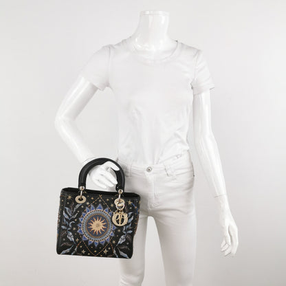Lady Dior Medium Nature Ballet Star Embroidery Handbag Black Calfskin Leather Gold Hardware