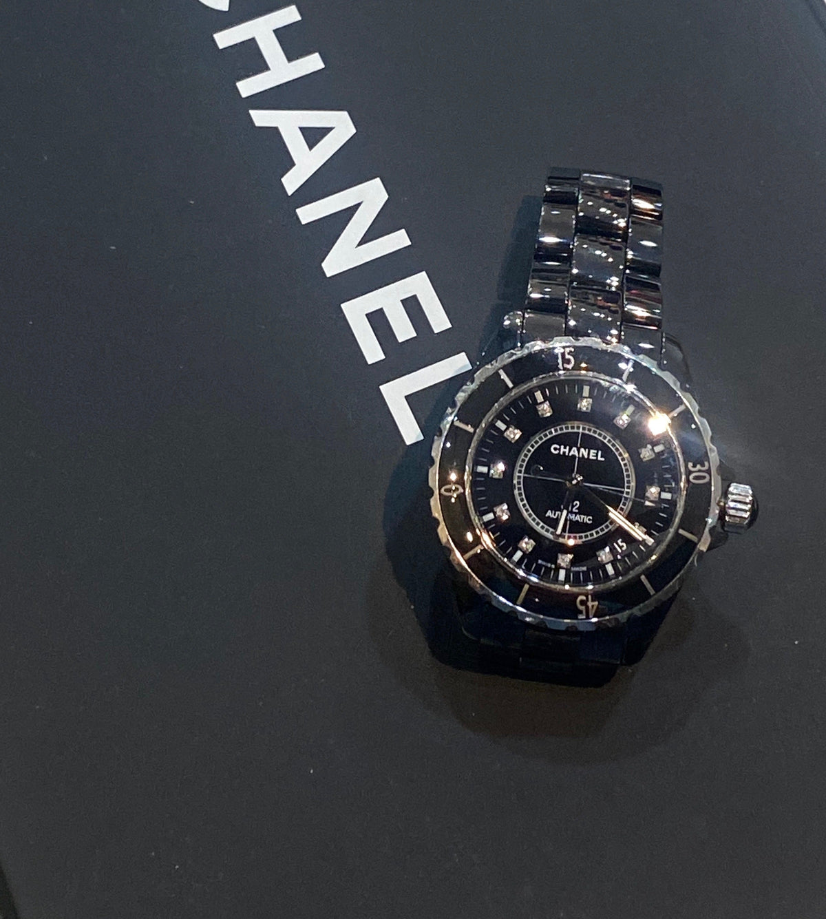 CHANEL STAINLESS STEEL CERAMIC DIAMONDS 38MM J12 AUTOMATIC WATCH