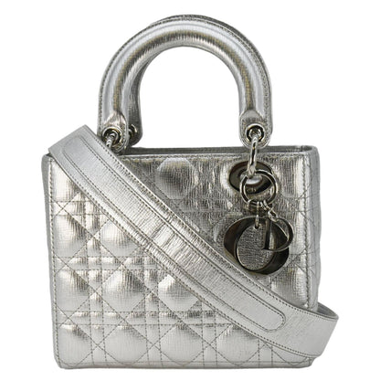 CHRISTIAN DIOR Lady Dior Lambskin Leather Shoulder Bag Metallic Silver