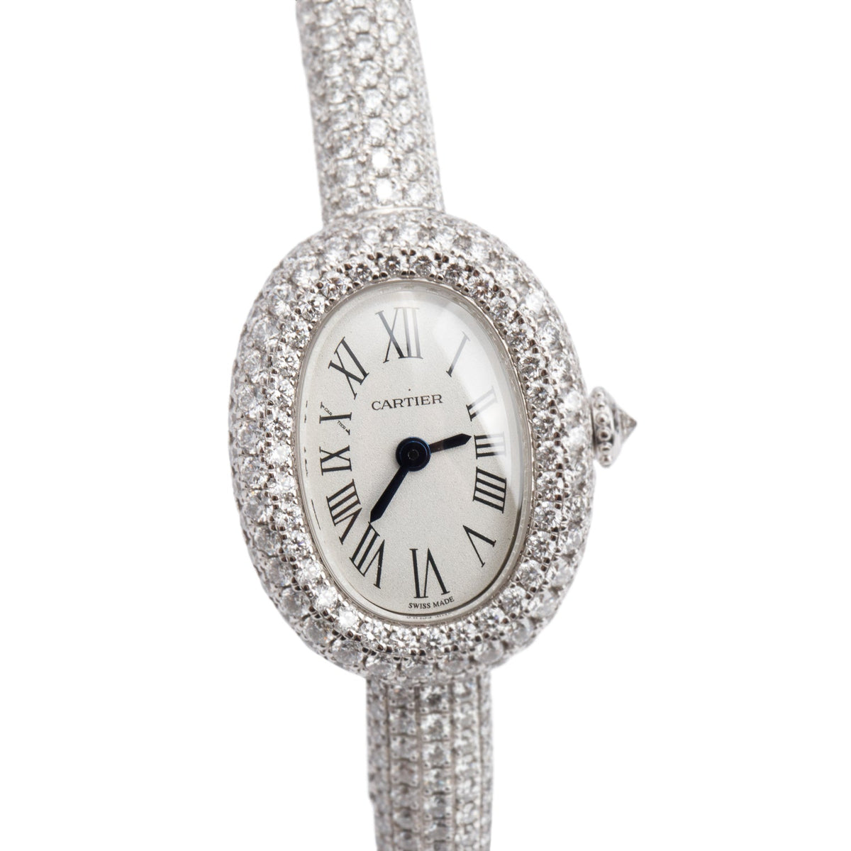 Cartier 2025 18k White Gold Paved Diamond Baignoire Quartz Watch, Mini Model 4545 w/ Box & Papers