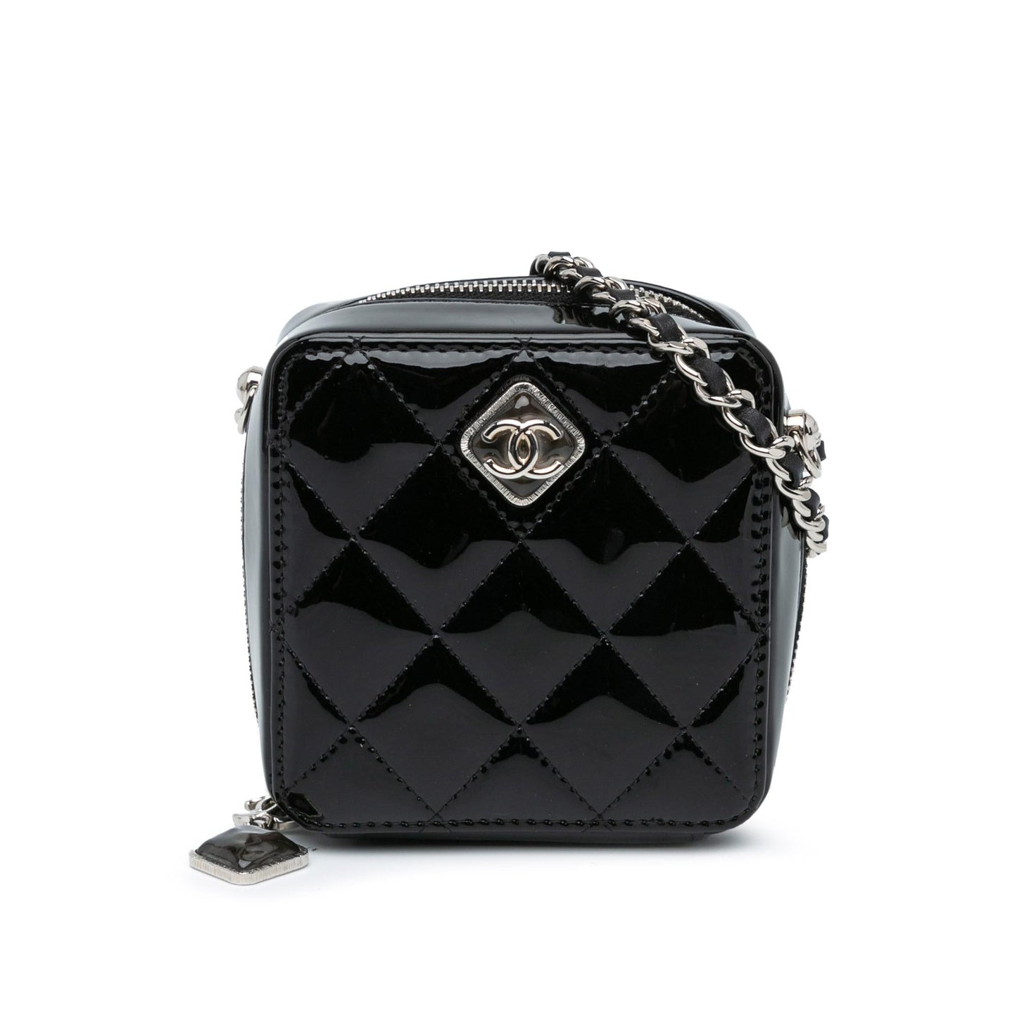 Chanel Cc Quilted Patent Diamond Resin Clutch With Chain