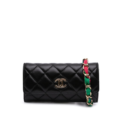 Chanel Cc Quilted Shiny Lambskin Ribbon Long Clutch On Chain