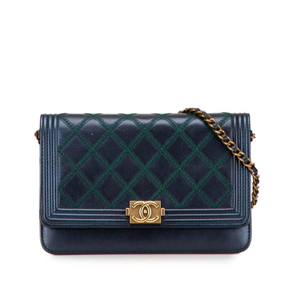 Chanel Calfskin Double Stitch Boy Wallet On Chain