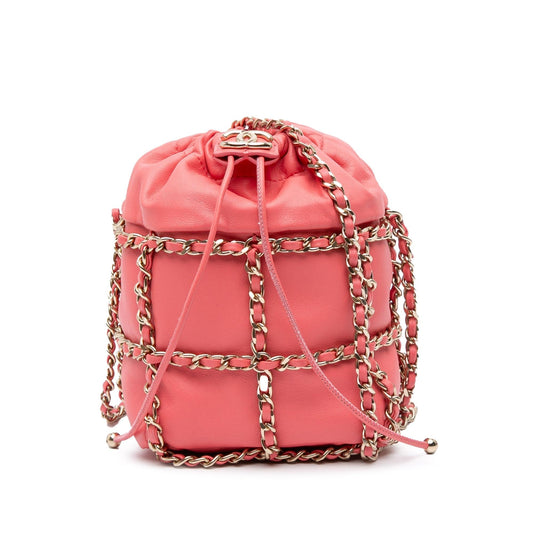Chanel Lambskin Cc Chain Frame Drawstring Bucket Bag