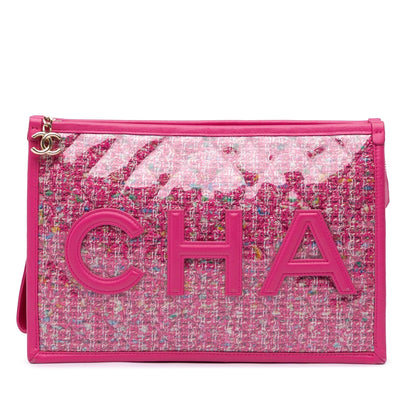 Chanel Large Tweed Pvc Logo Wristlet Pouch