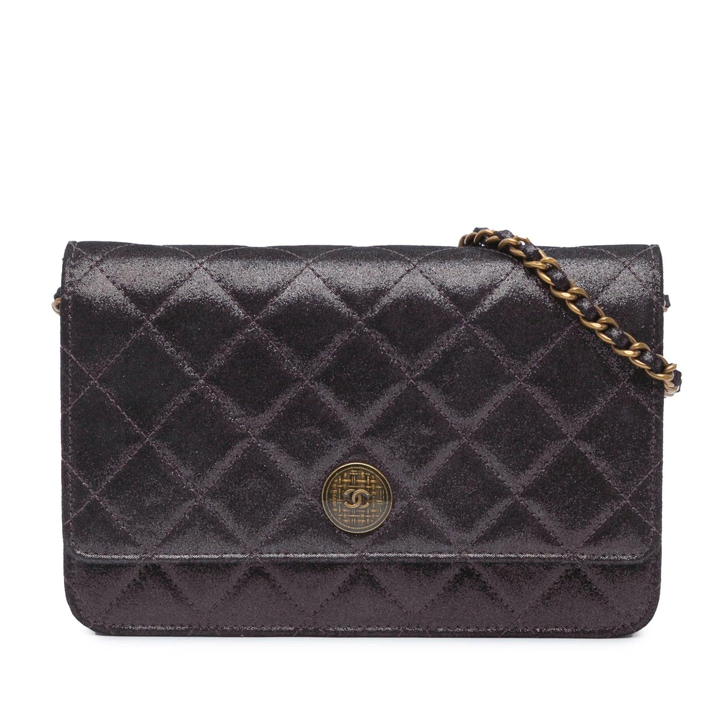 Chanel Metiers D Art Quilted Iridescent Lambskin Tartan Button Wallet On Chain