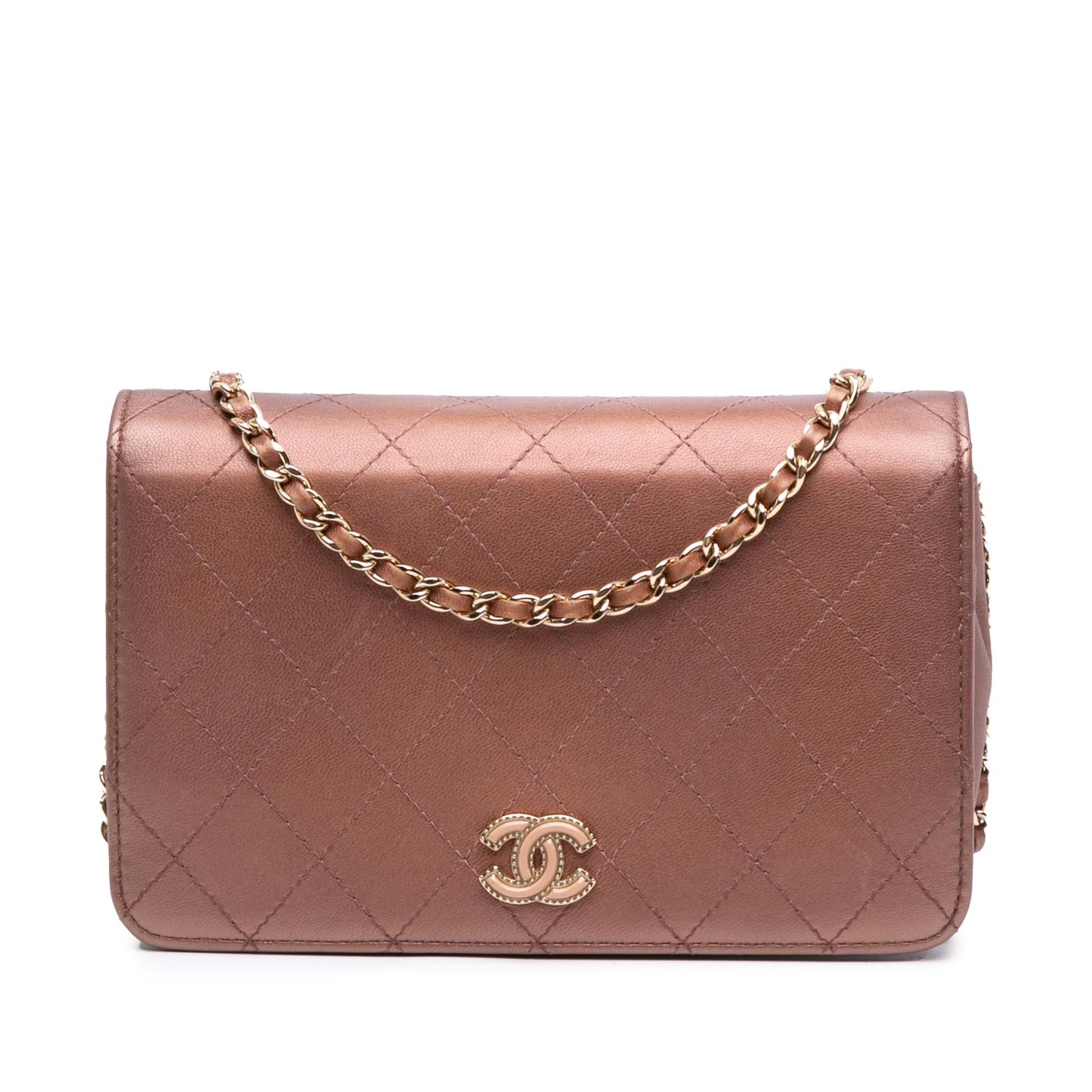 Chanel Quilted Metallic Lambskin Enamel Cc Wallet On Chain