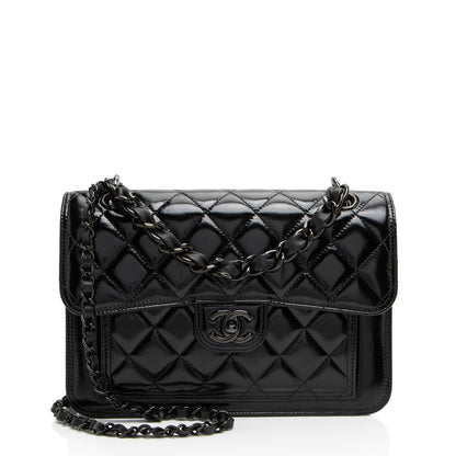 Chanel Shiny Crumpled Calfskin So Black Double You Flap Bag