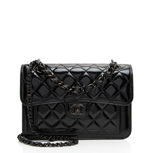 Chanel Shiny Crumpled Calfskin So Black Double You Flap Bag