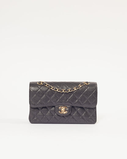 Chanel Black Caviar Quilted 24K Gold Plated Small Classic Double Flap Bag
