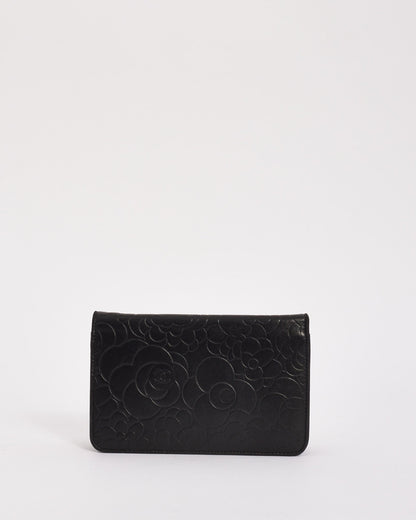 Chanel Black Lambskin Leather Camellia Embossed Wallet on Chain