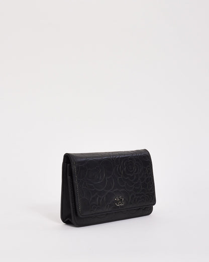 Chanel Black Lambskin Leather Camellia Embossed Wallet on Chain