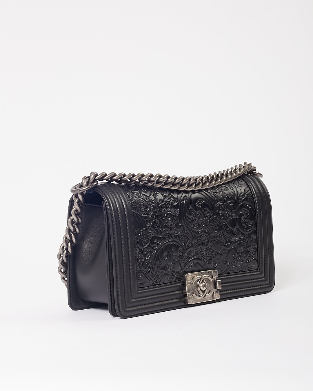 Chanel Black Lambskin Leather Jacquard Dallas Medium Boy Bag