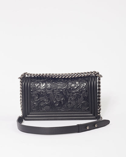 Chanel Black Lambskin Leather Jacquard Dallas Medium Boy Bag