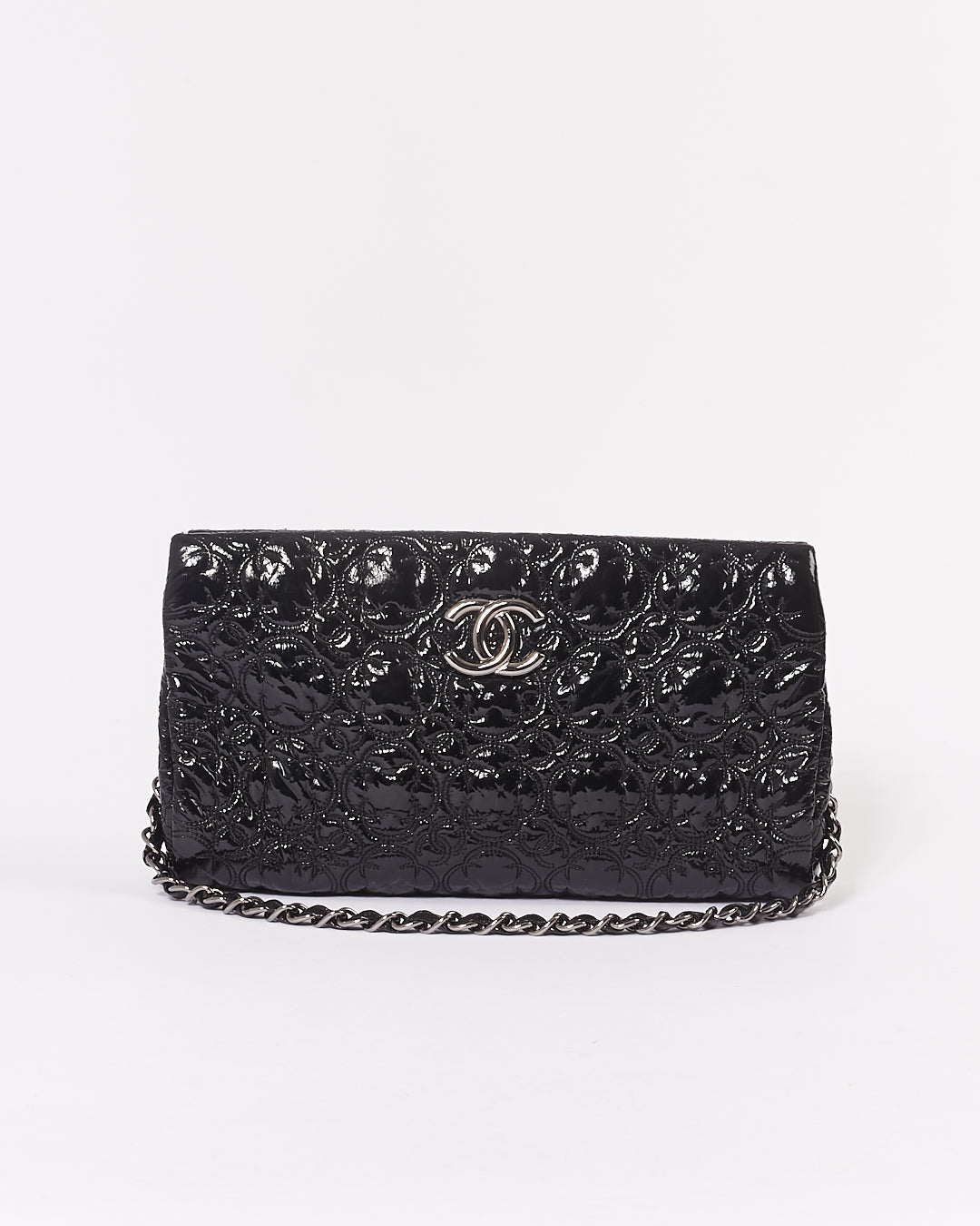 Chanel Black Patent Camellia Flower Pochette Chain Shoulder Bag