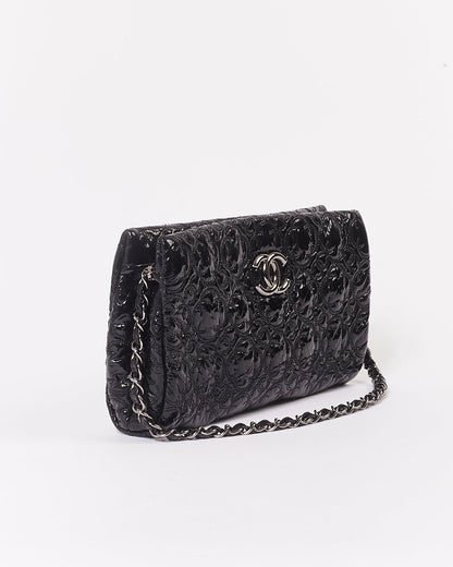 Chanel Black Patent Camellia Flower Pochette Chain Shoulder Bag
