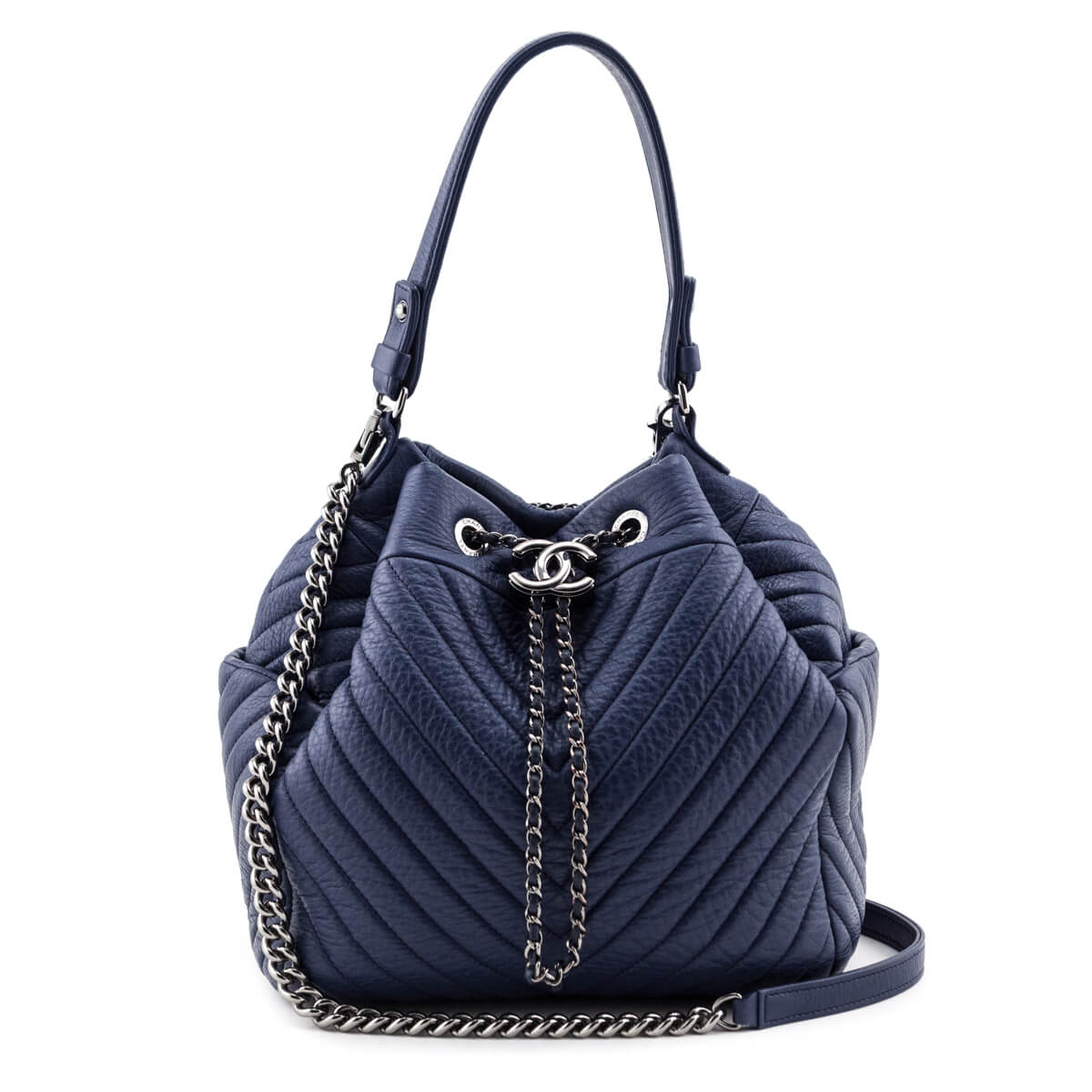 Chanel Blue Quilted Deerskin Chevron Medium Chain Bucket Bag