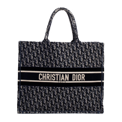 Christian Dior 2020 Ecru and Blue Dior Oblique Embroidery Large Book Tote