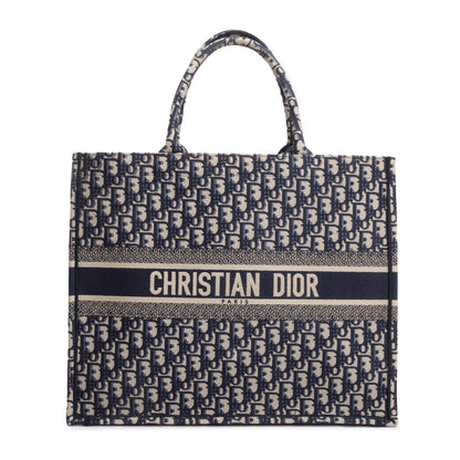 Christian Dior 2020 Ecru and Blue Dior Oblique Embroidery Large Book Tote