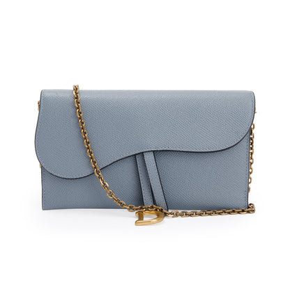 Christian Dior 2022 Blue Grained Calfskin Leather Saddle Chain Pouch