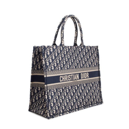 Christian Dior 2022 Ecru and Blue Dior Oblique Embroidery Large Book Tote