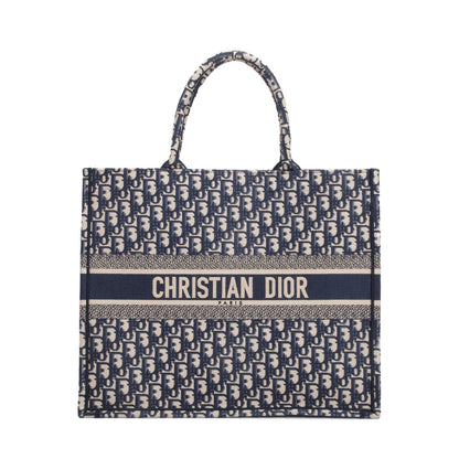 Christian Dior 2022 Ecru and Blue Dior Oblique Embroidery Large Book Tote