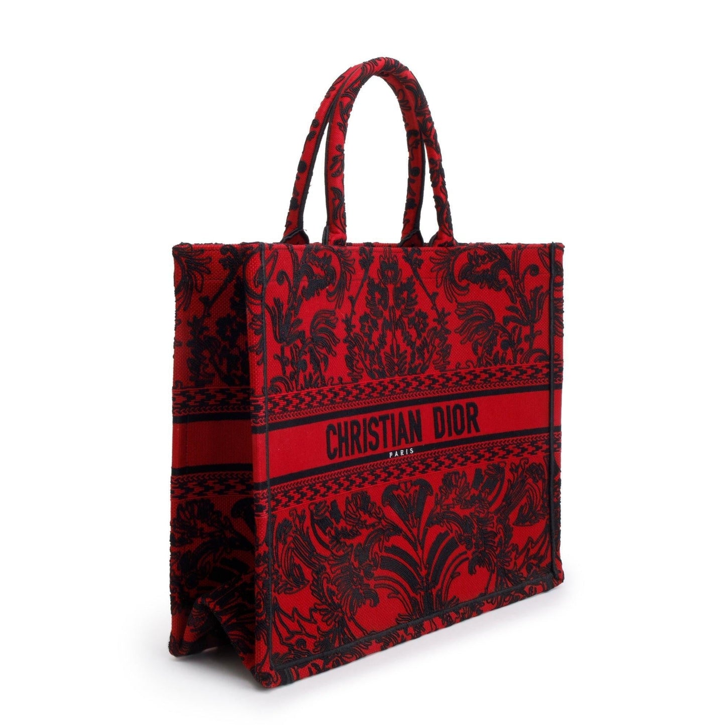Christian Dior 2022 Large Red and Black Toile de Jouy Embroidery Canvas Book Tote