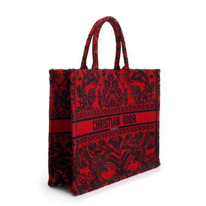 Christian Dior 2022 Large Red and Black Toile de Jouy Embroidery Canvas Book Tote