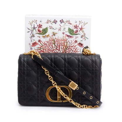 Christian Dior 2024 Black Supple Cannage Calfskin Leather Medium Dior Caro Bag