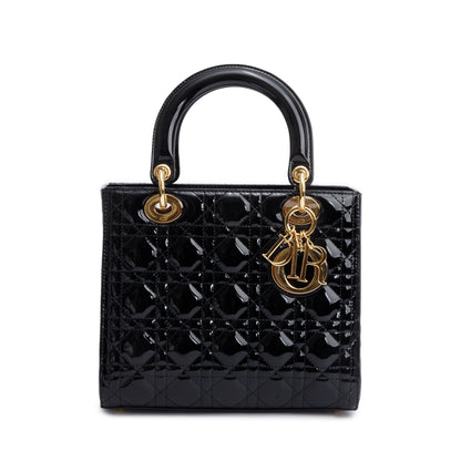 Christian Dior Black Cannage Patent Leather Medium Lady Dior Bag