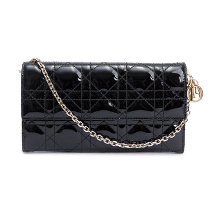 Christian Dior Black Cannage Patent Leather Rendezvous Wallet on Chain