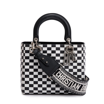 Christian Dior Black & White Check Print Leather Medium Lady Dior Bag