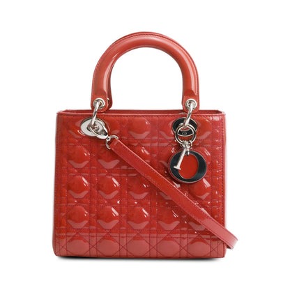 Christian Dior Red Cannage Patent Leather Small Lady Dior Bag
