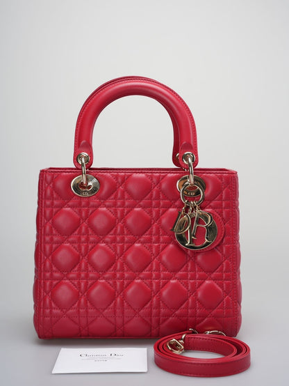 Christian Dior Red Medium Lady Dior Bag In Cannage Lambskin Leather With Gold Hardware
