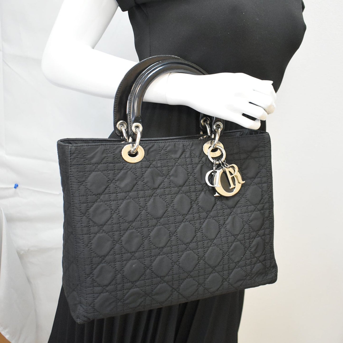 CHRISTIAN DIOR Lady Dior Nylon Cannage Canvas Tote Bag Black