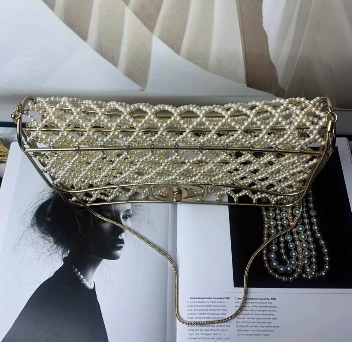 Rare Chanel Pearl Cage Classic Flap Bag Ivory Faux Pearls Silk With Pale Gold-Tone Hardware