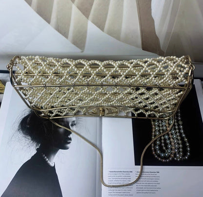 Rare Chanel Pearl Cage Classic Flap Bag Ivory Faux Pearls Silk With Pale Gold-Tone Hardware