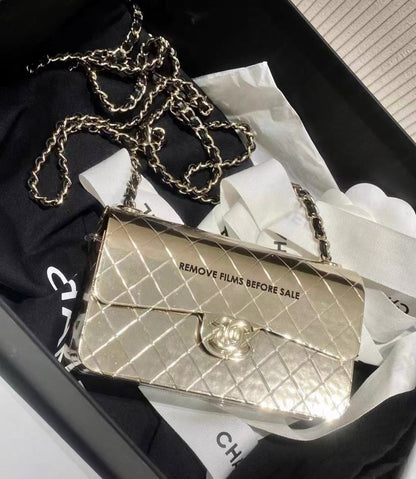 Chanel Quilted Hammered Metal Mini Classic Flap Evening Box Bag Gold Hardware 2022