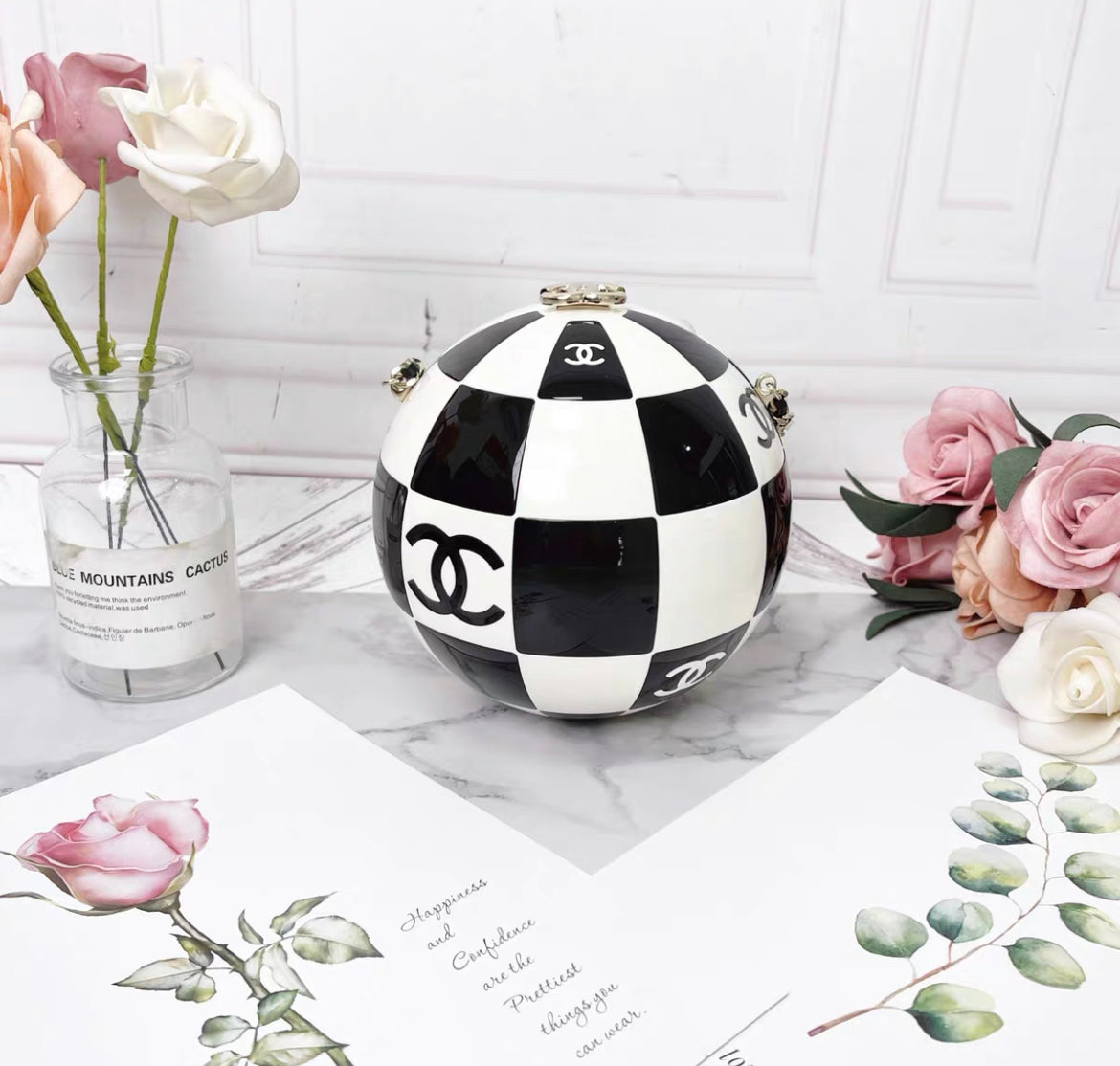 Chanel Black And White Resin And Enamel Checker Sphere Minaudiere Pale Gold Hardware 2023