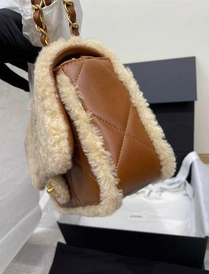 Chanel 24 Flap Bag Shearling Lambskin Gold-Tone Metal Beige Brown