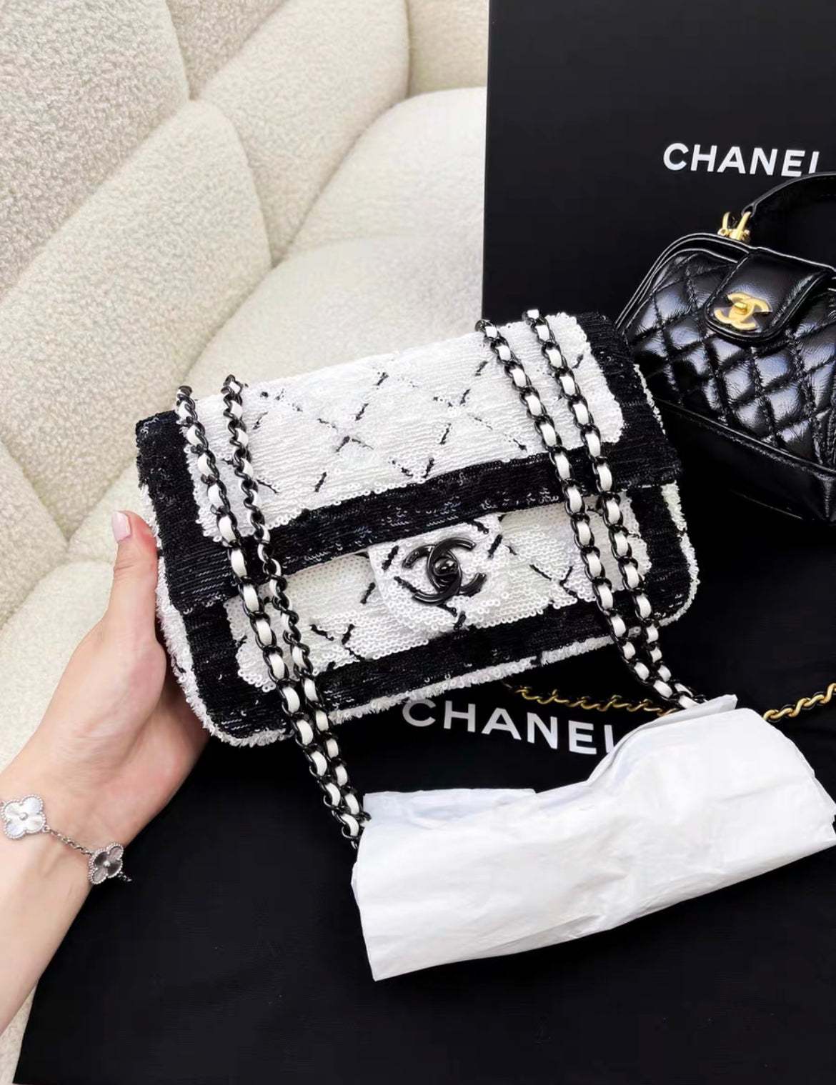 Chanel 24P Large Flap Bag Sequins Black Metal White Black