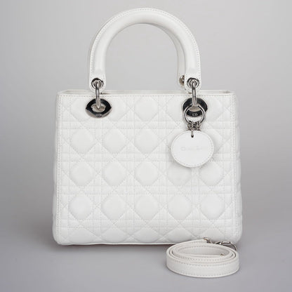 Christian Dior White Medium Lady Dior Bag In Cannage Lambskin Leather With Silver Hardware