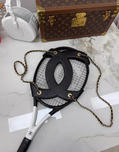 Chanel 23C Tennis Racket Black Leather With Gold Chain