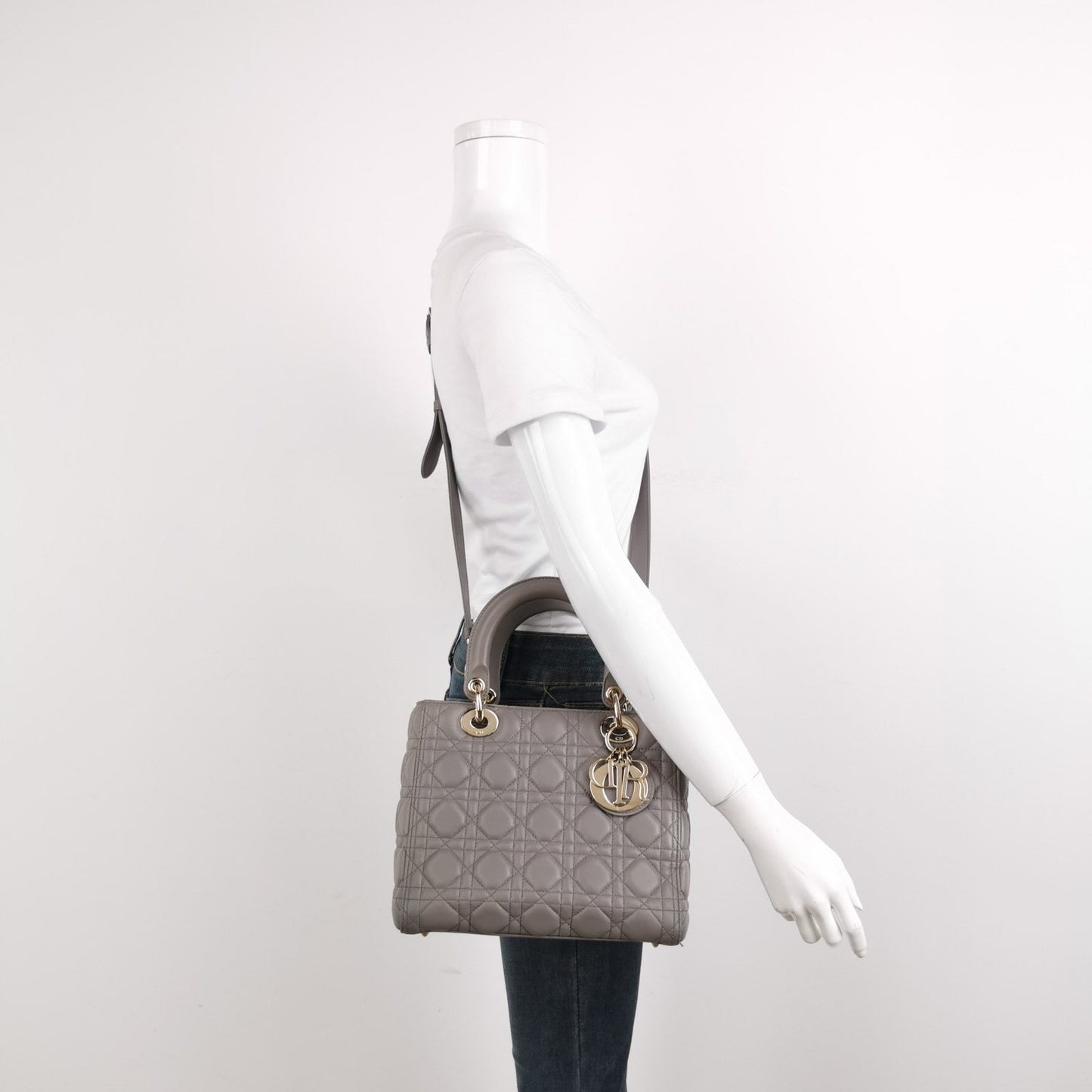 Lady Dior Grey Medium Lambskin Cannage Leather Handbag ABC Strap