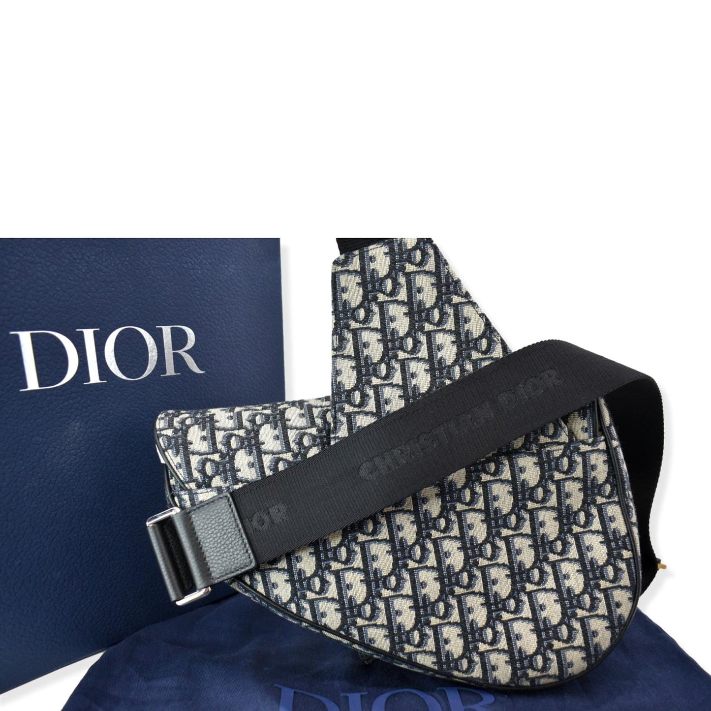 Christian Dior Saddle Oblique Jacquard Crossbody Bag Navy Grey