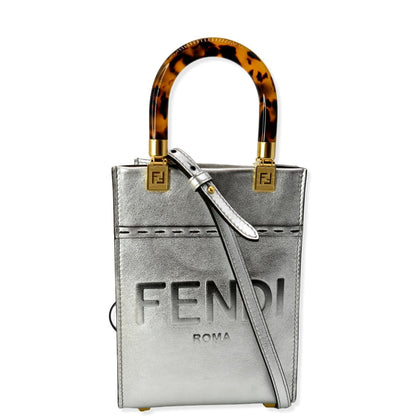 Fendi Sunshine Leather Silver Tote Bag