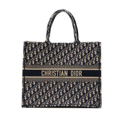 large book tote ecru and blue Dior oblique embroidery
